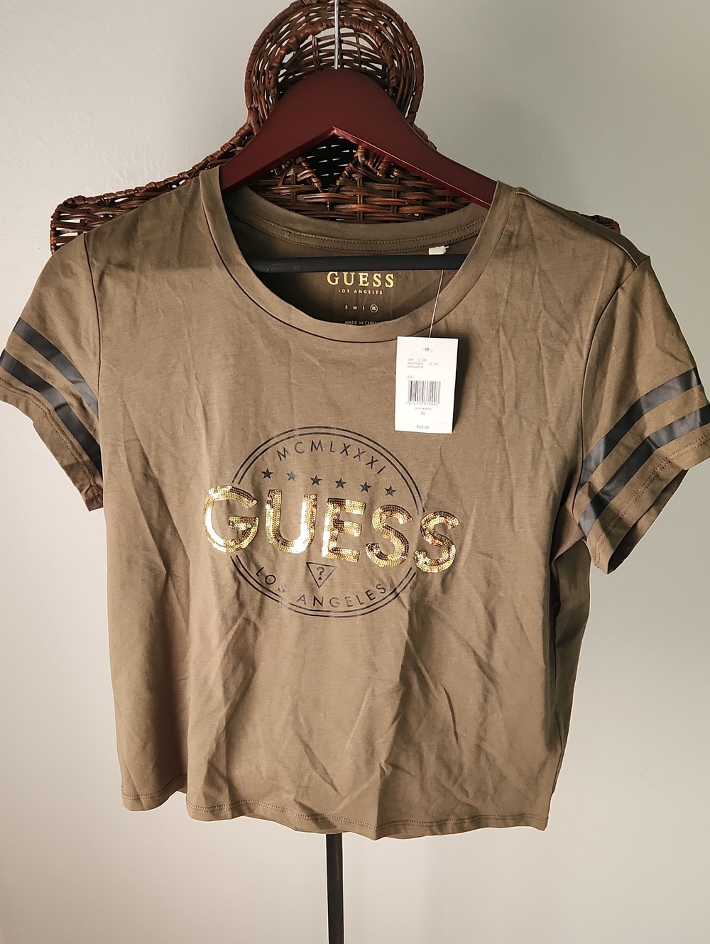 GUESS Olive Green Tee with Gold Sequin Logo